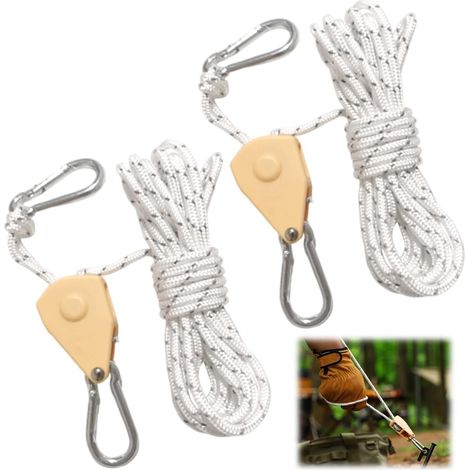 (2 Stück) 4 m verstellbares Ratschenseil, Ø 4 mm weiße Ratschenrolle Reflektierendes Zeltseil mit Haken, zum Wandern, Aufhängen und Campen (1/5)