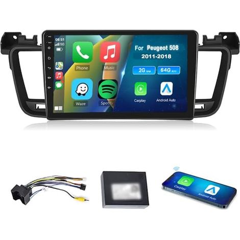 【2+64G】 Carplay Android Autoradio pour 508 2011-2018, 2 Din Autoradio avec Bluetooth/Navi/WiFi/HiFi/RDS Radio/2 USB/SWC, 9 Pouces Ecran Tactil + Canbus (1/5)
