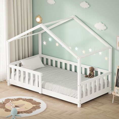 ML-Design Lit Cabane d'Enfant 80x160 cm Blanc en Pin Massif avec Protection Antichute, Toit et Sommier à Lattes, Style Maison, Couchage au Sol Montessori Cadre pour Fille Garçon Chambre à Coucher