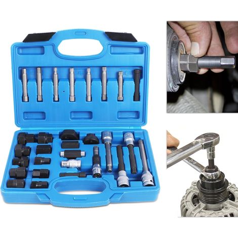 Kit de herramientas de 29 piezas para desacoplar la polea del alternador, herramienta para desmontar la polea de rueda libre del alternador. (1/5)