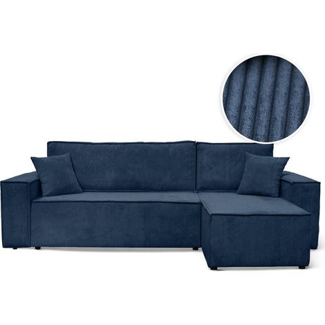 Loungitude – Canapé d'angle convertible réversible 4 places en velours côtelé – Dossier basculant pour lit d'appoint – Coffre de rangement intégré – Bleu foncé (1/5)