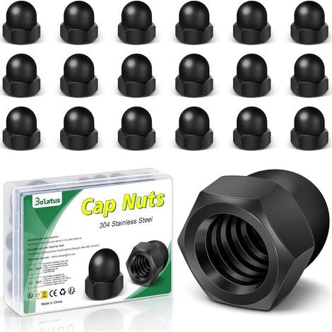 Lot de 25 écrous à chape M4 noir, haute forme Écrous à chape hexagonaux de haute qualité, écrous à capuchon en acier inoxydable pour vis tiges filetées et boulons filetés, écrou borgne moto (1/5)