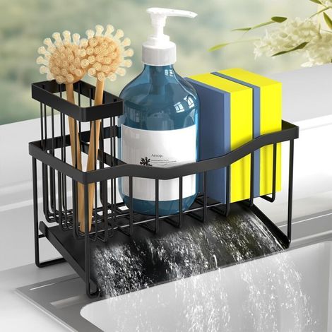 Support d'évier pour éponge de cuisine avec porte-brosse et bac de vidange automatique en acier inoxydable, distributeur de savon (1/4)