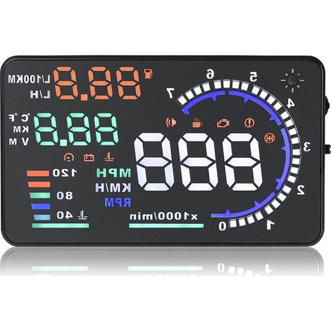 Affichage tête haute OBDII HUD pour voitures A8 Affichage tête haute 5,5 pouces Compteur de vitesse numérique pour voiture MPH avec alarme multiple, capteur de lumière Interface OBDII pour pare-brise (1/5)