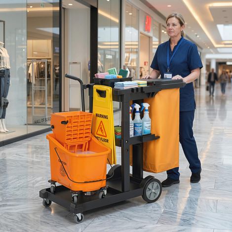 Chariot de nettoyage : Roues. 3 étagères. Sac de 70 L. Seau avec essoreuse.