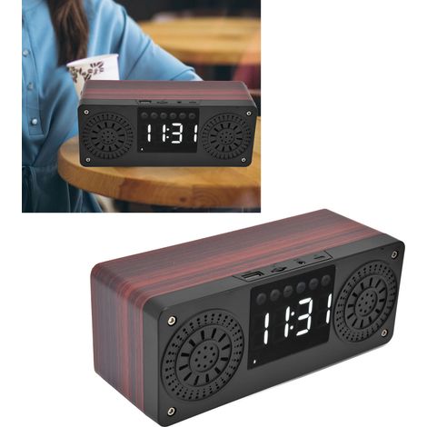 Enceinte en bois à double haut-parleur, caisson de basses Bluetooth, horloge numérique, son surround à 360°, chargement USB, rouge. (1/5)