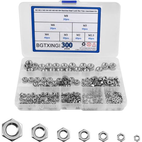 Lot de 300 écrous hexagonaux en acier inoxydable M2 M2.5 M3 M4 M5 M6 M8 304 avec boîte (1/5)