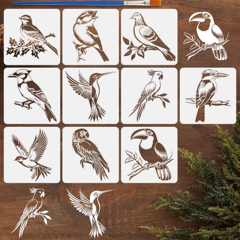 10Styles Pochoirs à Motifs D'Oiseaux Avec Un Pinceau 30x30cm Divers Pochoirs de Peinture Oiseaux Pochoirs de Moineaux Pochoirs Pet Pigeons Modèle Pics pour Bois Mur Sol Carrelage Meubles (1/5)