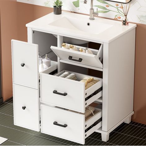 Mueble de baño con lavabo cerámico, 76,5 x 47 x 83,5 cm, blanco OKMYHOME (1/5)
