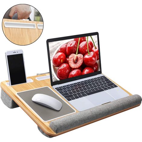 Plateau pour ordinateur portable HUANUO avec coussin, tapis de souris intégré et repose-poignets pour ordinateur portable jusqu'à 17 pouces, avec support pour tablette, stylet et téléphone. (1/5)