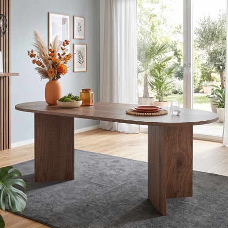 Tavolo da pranzo 200 x 90 cm, adatto per 6-8 persone, tavolo da pranzo con angoli arrotondati, piano del tavolo ispessito, tavolo da pranzo dallo stile semplice, noce (1/5)