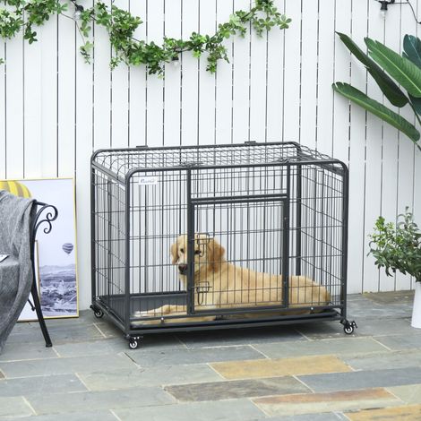 Cage pliante à double porte avec serrure - 109,5x71x78cm - boîte à chien avec 4 roues avec frein et fond amovible - gris foncé