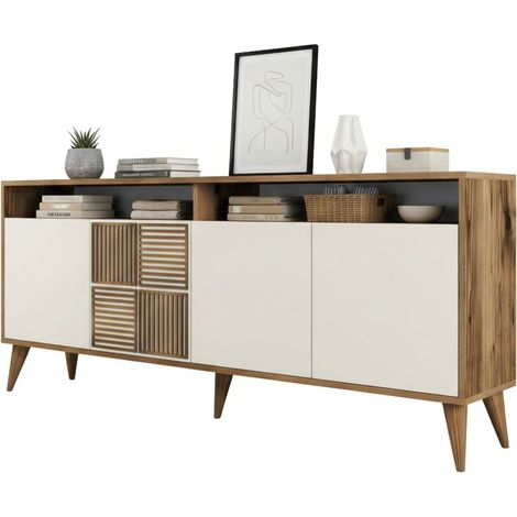 Credenza Benjamin, Madia 2 Ripiani, 4 Ante, 6 Vani, 180x35x79h cm Marrone Noce