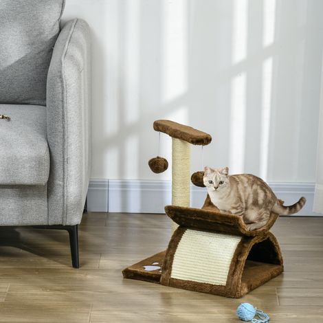 Kratzbaum 43 cm pour petit chat, arbre à chat avec tunnel et surface de repos en U, planche à griffer et balle de jeu, meuble félin marron (1/5)