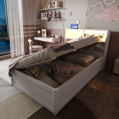 Canapé-lit 90x200cm, bois massif, blanc, avec prises électriques intégrées, rangements multiples, éclairage LED, mécanisme hydraulique, lit simple multifonctionnel. (1/5)