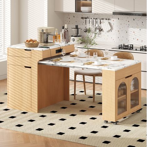 Mobile bar estensibile 55-153x80x93 cm con prese, isola cucina con contenitore e ruote, MDF e vetro, naturale (1/5)