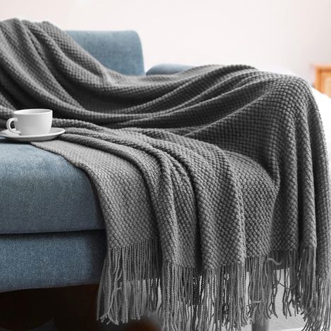 LumiSyne Strickdecke mit Quaste, Bettüberwurf, einfarbig, Ananas-Gitter, nordischer warmer Überwurf, Teppich, modische weiche Decke, Sofaüberwurf, dekorative Tagesdecke, 130 × 170 cm (1/4)