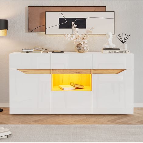 Buffet 140x40x70 cm blanc et décor bois en panneaux de particules avec LED, 4 tiroirs et 2 placards (1/5)