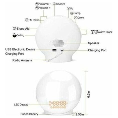 NALOOKAMIC  Eveil Lumière LED Radio Réveil Matin Lumineux Lampe de Chevet 20 Niveaux de Luminosité Simulateur d'Aube et Crépuscule 2 Réveils 7 Sons Naturels Fonction Snooze Veilleuse Enfant 7 Couleurs