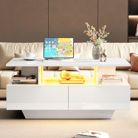 Table basse moderne brillante 90x55x41cm avec éclairage LED, 2 tiroirs de rangement et structure solide - design élégant pour salon et séjour (1/5)