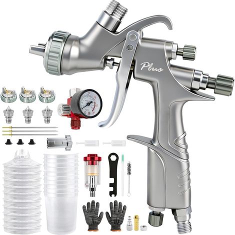 D1 LVLP Pistolet à peinture - Kit de qualité supérieure - Pistolet à peinture à air comprimé avec buses de 1,3/1,5/1,7 mm - 10 gobelets jetables de 650 ml - Avec accessoires de pulvérisation de (1/5)