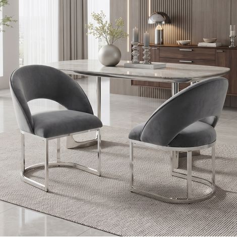2 sillas de comedor de terciopelo gris con patas de metal plateado, estilo moderno (1/5)