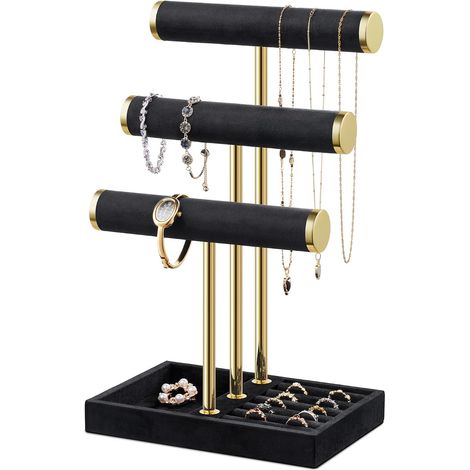 Organisateur de Bijoux à 3 Niveaux - Présentoir à Bijoux Noir pour Bracelets, Support à Bracelets en Velours, Support à Bijoux, Colliers, Montres, Bagues, Noir (1/5)
