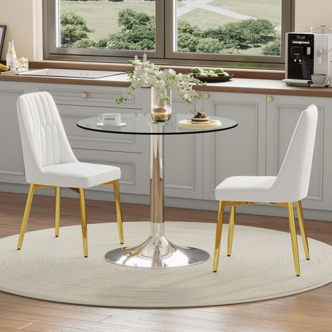 Set tavolo da pranzo rotondo in vetro temperato 85 cm con 2 sedie PU bianco e oro (1/5)