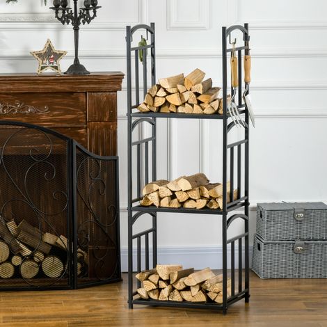 Leñero de interior, 46 x 32 x 126 cm, 3 estantes, con 4 ganchos, metal, negro. (1/5)