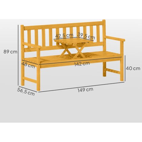 Banc de jardin 2 places en bois, résistant aux intempéries, avec dossier et accoudoirs, table pliante, banc de parc, charge maximale 320 kg, banc de balcon, 149 x 56,5 x 89 cm, teck