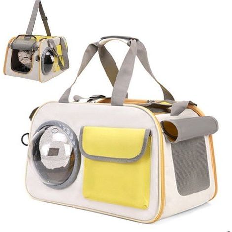 Trasportino per cani/gatti, traspirante e pieghevole, con finestra di osservazione, guinzaglio di sicurezza interno, giallo, ideale per gite e viaggi. (1/4)