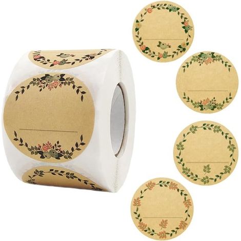 2 rotoli di etichette rotonde da 3,8 cm (1,5 pollici), 500 etichette in carta kraft marrone naturale con motivi floreali vintage, 4 design unici. Rotolo di etichette in carta kraft neutre. (1/5)