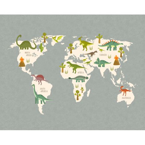 papier peint panoramique carte du monde pour enfants gris et vert - Sanders & Sanders (1/4)
