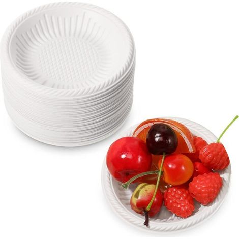 Assiettes en carton jetables - Lot de 50 pièces - Diamètre 10 cm - Blanches - Résistantes - Non revêtues (1/5)