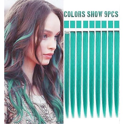 Lot de 9 extensions à clips colorées de 53 cm (21 pouces) pour enfants et filles. Extensions turquoise et bleues à clipser. Idéales pour les fêtes. (1/5)