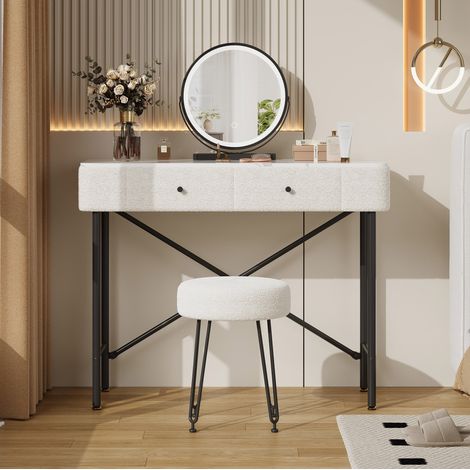 Tocador de aglomerado, metal y felpa blanco con espejo LED, 2 cajones y taburete (1/5)