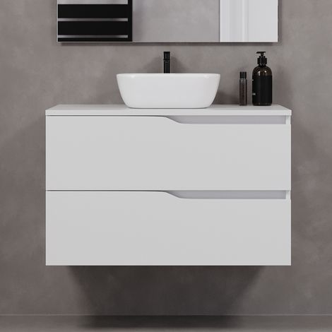 Meuble de salle de bain 90cm avec plateau et vasque à poser zeus - 2 tiroirs - sans miroir - blanc - LUNA (1/5)