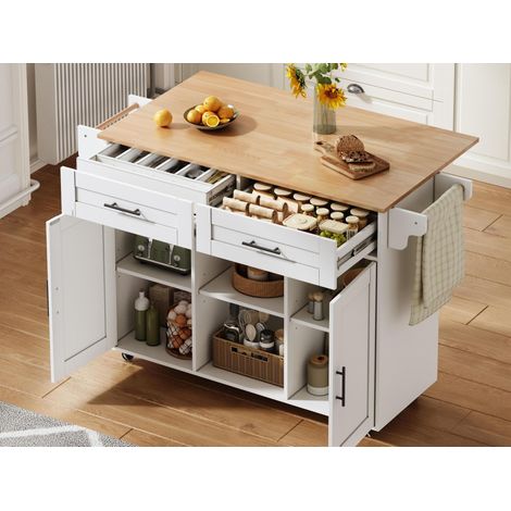 Modernluxe - Îlot central de cuisine avec table rabattable, 2 portes et 2 tiroirs, porte-serviettes, roulettes - blanc (1/5)