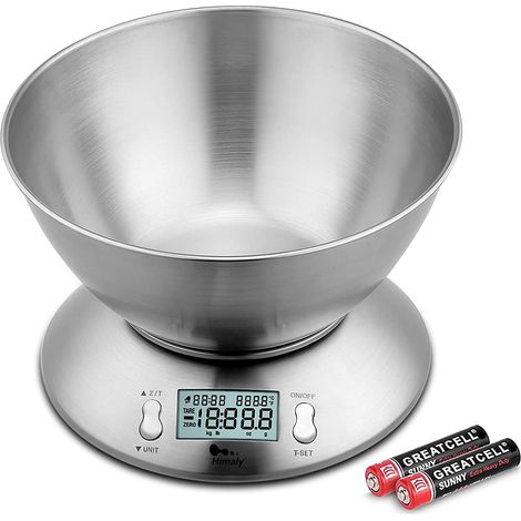 Balance de Cuisine avec Bol, Balance Cuisine Précision/Pâtisserie Numérique en Acier Inoxydable Max 5 kg, avec 2L Bol Amovible, Fonction Tare, Auto-arrêt, Ecran LCD (Batteries Inclus) (1/5)