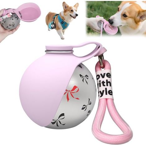 Gourde pour chien nomade - Acier inoxydable 304 et silicone - 1 modèle avec gobelet - Mousqueton inclus - 285 m - Rose (1/5)