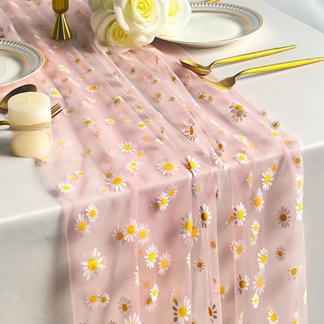 Camino de mesa,75 x 300 cm,Malla transparente y tul,Estampado floral (margaritas),Ideal para bodas y banquetes,Adecuado para reuniones familiares (1/5)