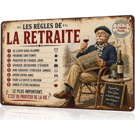 Plaque Métal Vintage Les Règles De La Retraite, Cadeau Retraite Homme Humour Pour Décoration Murale, Idée Retraite Homme 20x30cm, Déco Intérieur Extérieur (1/5)