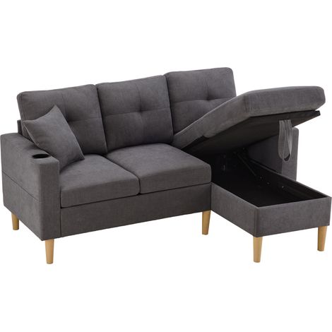 Sofa d'angle moderne 3 places avec méridienne, tissu coton et lin, rangement intégré et porte-gobelets, livré avec 2 coussins (1/5)