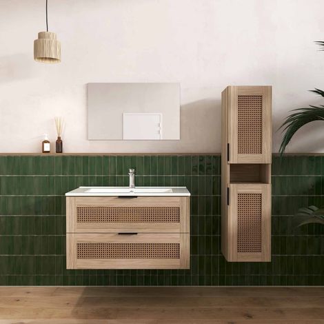 Pack Mueble de Bano 60cm con Columna - Acabado Madera y Cannage - APOLLINE