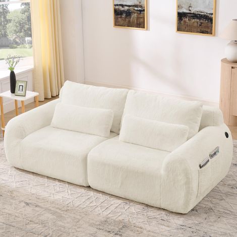 Canapé 2 places, revêtement en fausse fourrure douce effet lapin, dossier haut et moelleux, port de chargement USB et poche latérale pour magazines, idéal pour les petits salons, appartements, bureaux