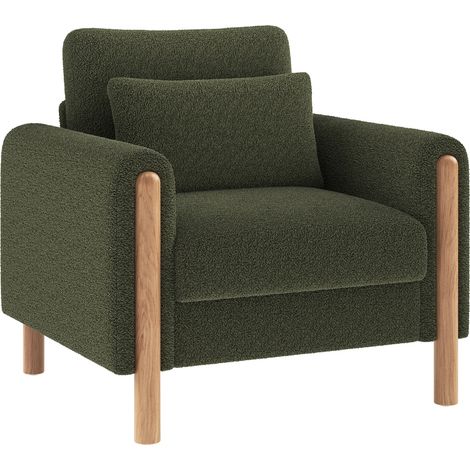 Poltrona moderna verde con cuscino spesso, rivestimento Teddy e gambe in legno (1/5)