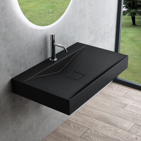 Mai & Mai – Lavabo suspendu noir mat 80x48x10cm – Vasque rectangulaire à poser ou suspendre – Perçage robinet inclus – Résine de synthèse sans trop-plein - Col810-800 (1/5)