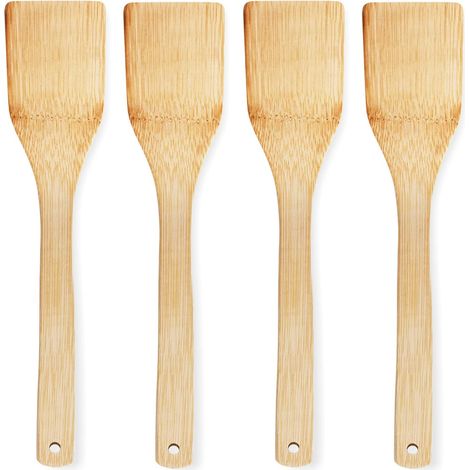 Ensemble de 4 spatules de cuisson en bambou-cuillères plates en bambou naturel, antiadhésives et durables pour chaque cuisine