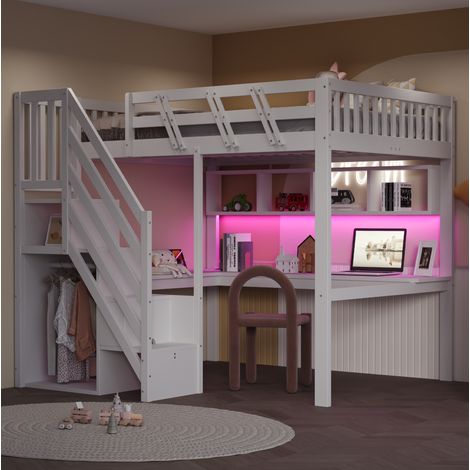 Letto a soppalco 205x193.5x170 cm con scrivania integrata, illuminazione LED, scala contenitore, legno bianco (1/5)
