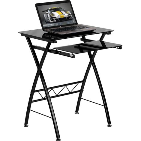Bureau d'ordinateur en Verre trempé Noir avec Clavier rétractable (1/5)
